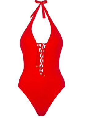 Demadly Sweden Size 40 Medium Hawthorn in Red One Piece Lace Up Halter Swimsuit